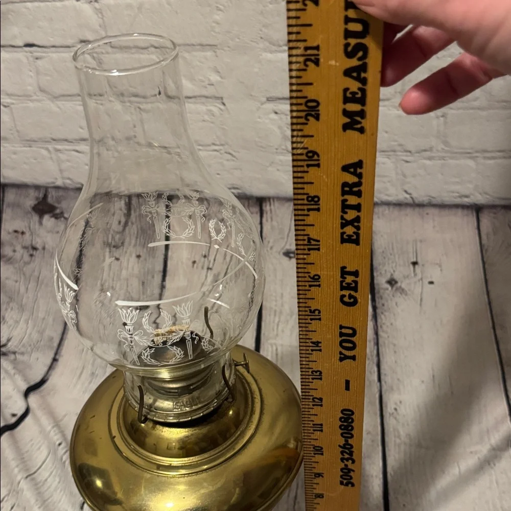 VTG Metal Oil Lamp, Glass Chimney Etching of Torches & Laurel Wreaths in white
